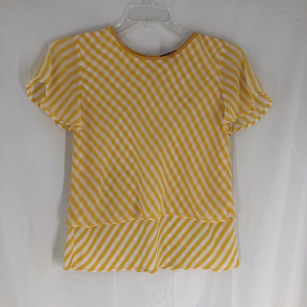 Vince Camuto Womens Gingham Top Yellow Layered Mixed Print Cottagecore XXS
